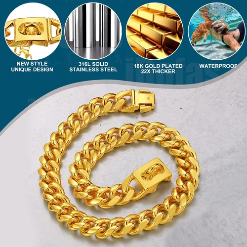 Vista 4 de Collares de cadena para perro, collar de eslabones cubanos con hebilla con campana y placa para perro, acero inoxidable metálico de 10mm, collar