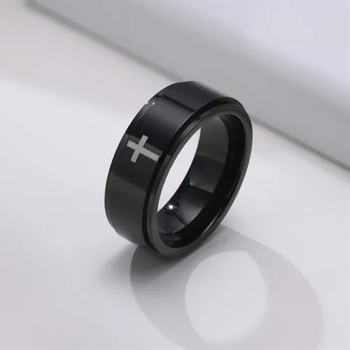 Vista 5 de Ropartman Anillo giratorio de acero inoxidable para hombres, anillos plateados y negros para la ansiedad, anillo de cruz de oración para aliviar