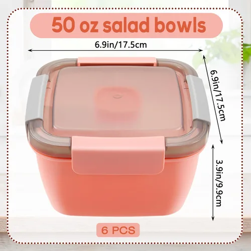 Vista 2 de Tessco for you 6 Piezas Recipiente para Almuerzo de Ensalada 50 oz Recipiente de Ensalada con 3 Compartimentos Caja Bento Reutilizable para Adultos
