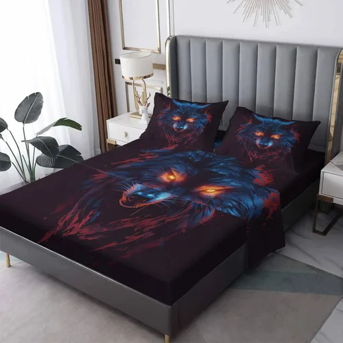 Vista 7 de Sábanas de lobo tamaño individual, sábanas de luna de lobo, sábanas y fundas de almohada estampadas de 3 piezas, sábana bajera ajustable