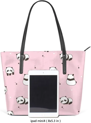 Vista 3 de Bolso de hombro para mujer bolso de cuero para comprador bolso grande para trabajo lindo diseño de panda de dibujos animados bolso casual Colorido
