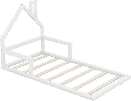 Vista 4 de P PURLOVE Base de cama de tamaño individual con cabecera en forma de casa, plataforma de madera para casa, tamaño individual con soporte de listones