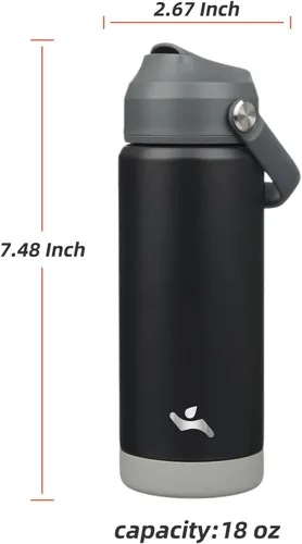 Vista 2 de Konokyo Botella de agua aislada con tapa de pajilla, botella de metal al vacío de acero inoxidable de 18 onzas con mango de silicona, color negro