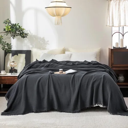 Vista 25 de FOSSA Manta de Muselina con Flecos - Gasa de Algodón 100% de 4 Capas Súper Suave y Transpirable - Manta Decorativa Ligera y Refrescante para Cama