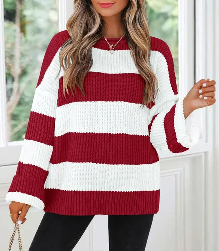 Vista 65 de ZESICA Suéter tejido sin botones de manga larga y cuello redondo, a rayas, bloques de color, cómodo, holgado, talla extragrande para mujer de 2024