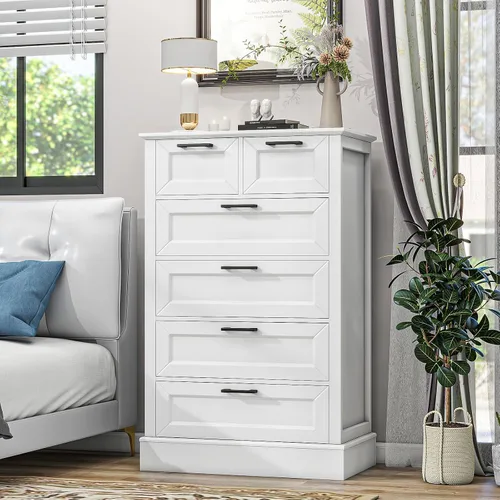 Vista 10 de ZLWJGY Cómoda blanca para dormitorio, cómoda de madera con 5 cajones, cómoda para dormitorio, sala de estar, entrada, pasillo, asas negras