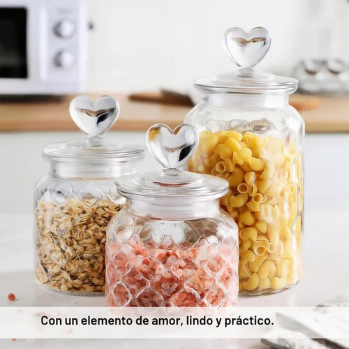 Vista 6 de Recipiente de vidrio transparente de 22 onzas con bonitas tapas en forma de corazón, tarros de vidrio para almacenamiento de alimentos con tapas