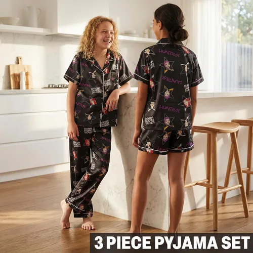 Vista 3 de Get Trend KPop Demon Hunters - Pijamas para niñas, con licencia oficial, conjunto de pijama Huntrix de 3 piezas con pantalones y pantalones cortos