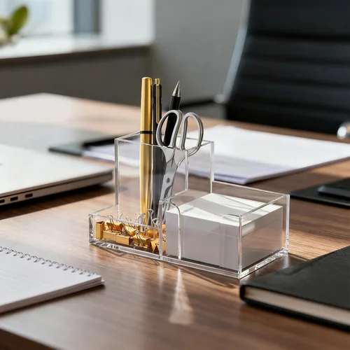 Vista 7 de HBlife Soporte acrílico para bolígrafo para escritorio, organizador de escritorio pequeño de 3 compartimentos, suministros de oficina transparentes