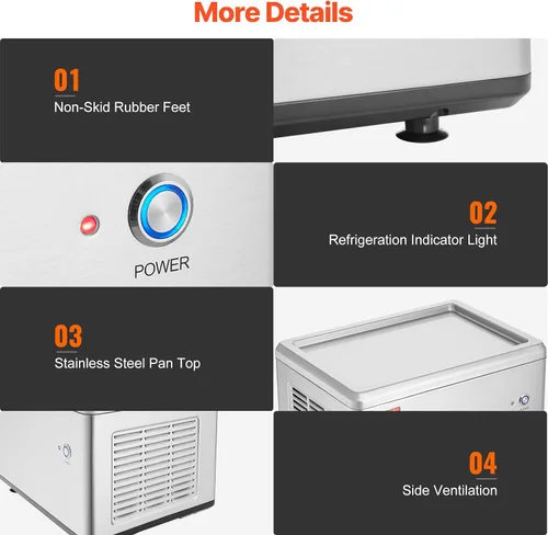 Vista 6 de VEVOR Máquina de helado frito, 12.6" x 8.5", 120 W, máquina para hacer rollos de helado salteado con compresor y 2 raspadores, para hacer rollos