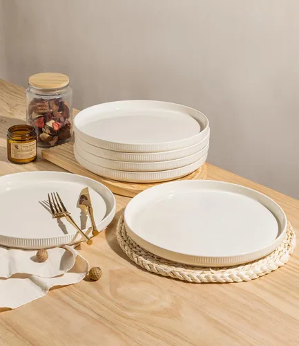 Vista 4 de theterra Juego de 6 platos llanos de cerámica de 10.25 pulgadas, vajilla de cerámica para cocina, horno y microondas y lavavajillas, color beige