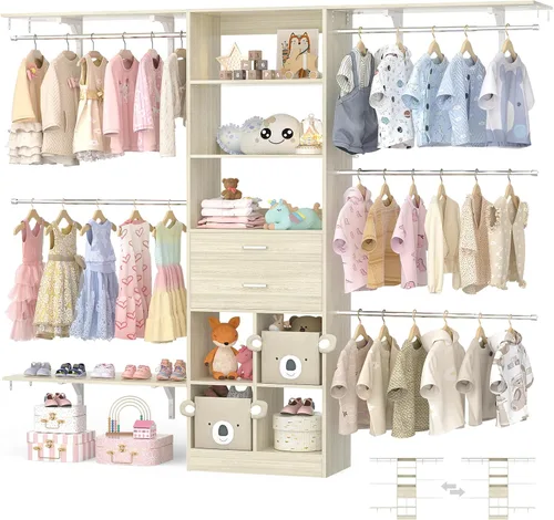 Vista 10 de Sistema de armario pequeño de 5 pies, sistema organizador de armario para bebés con cajones de madera, sistema de vestidor de 60 pulgadas con 5