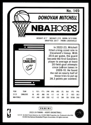 Vista 2 de 2023-24 Panini Hoops #149 Donovan Mitchell NM-MT Cleveland Cavaliers Tarjeta de Coleccionable de Baloncesto