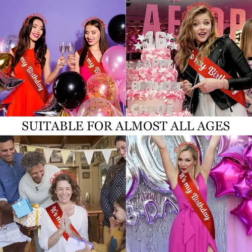 Vista 9 de It's My Birthday - Juego de bandas de princesa, diadema roja, tiara y accesorios para mujeres y niñas, fiesta feliz