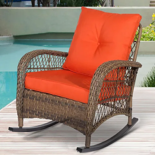 Vista 15 de Mecedora de mimbre para exteriores, silla mecedora de ratán para patio con marco de acero, silla mecedora para césped, muebles de patio, mimbre Beige