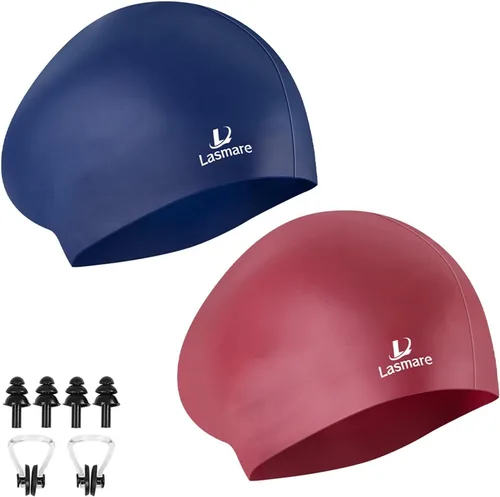 Vista 8 de Long Hair Swim Cap for Women 2 Pack, Silicone Swimming Caps for Unisex Adult Women Men with Ear Plugs & Nose Clip Set, Waterproof Adult Swim Hats