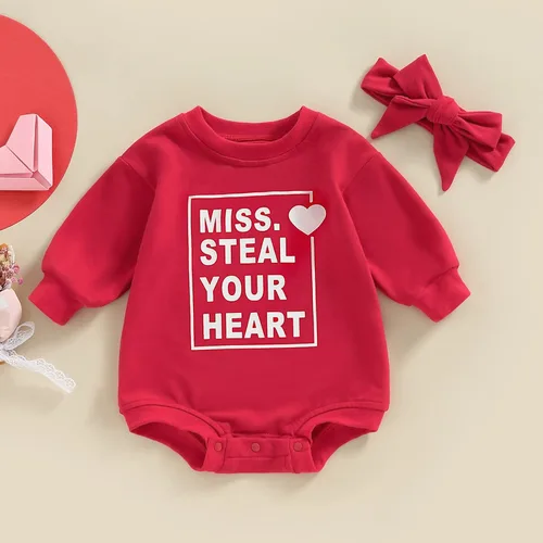 Vista 10 de Traje de bebé niña para el primer día de San Valentín, mameluco de burbujas con cuello redondo, sudadera linda para primavera y otoño