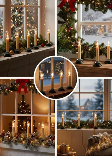 Vista 5 de Lámparas eléctricas de vela de 5 pulgadas, luces de vela de ventana de Navidad con base de hierro de ciruela negra, velas eléctricas con bombillas