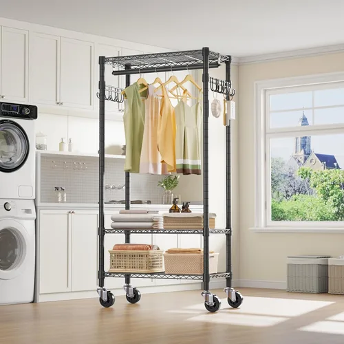 Vista 3 de VIPEK R3 - Percheros medianos con ruedas con cerradura, perchero resistente con estantes ajustables, barra para colgar y ganchos laterales, Negro