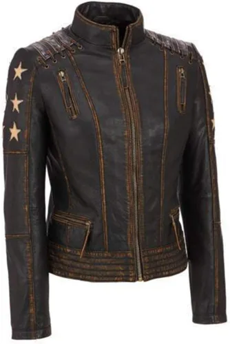 Vista 3 de Chaqueta de cuero de vaca vintage para mujer Cafe Racer encerada