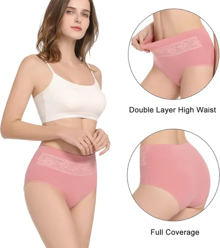 Vista 2 de HAVVIS - Ropa interior de cintura alta y de algodón para mujer, que disimula la barriga, jacquard con rosas, paquete múltiple