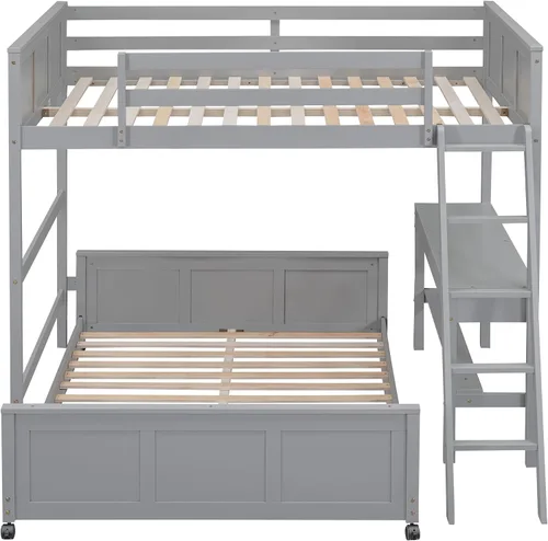 Vista 7 de Litera en forma de L de tamaño matrimonial con escritorio y cajones de Gris con escritorio