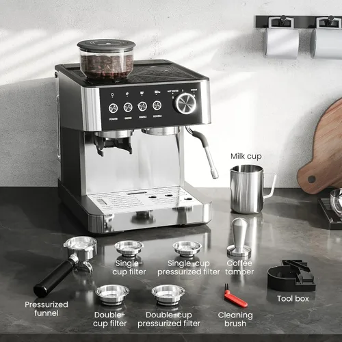 Vista 7 de Kismile Máquinas de Espresso de 15 Bar con Molinillo, Cafetera de Espresso Profesional con Tanque de Agua Extraíble, Espumador de Leche con Varilla