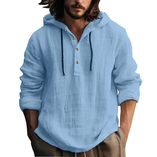 Vista 6 de Camisas de algodón y lino para hombre, estilo retro, hippie, guayabera, con capucha, manga larga, cuello en V, con botones, sudaderas con capucha
