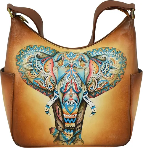 Vista 9 de Anuschka Hobo clásico de cuero curtido vegetal genuino pintado a mano para mujer con bolsillos laterales Mariposas Miel