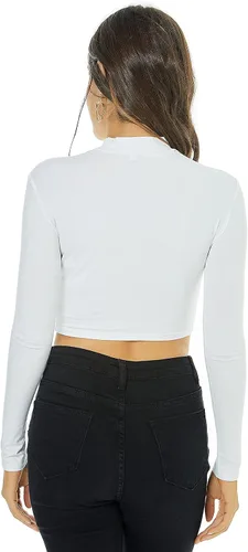 Vista 7 de LONGBIDA Camiseta corta de manga larga con cuello alto falso para mujer, suave, delgada, sexy, elástica
