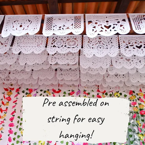 Vista 5 de Guirnaldas de boda de papel picado, decoraciones de boda mexicanas, banderas de papel picado blanco para bodas, despedidas de soltera, pancartas