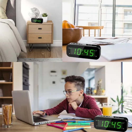 Vista 6 de Reloj despertador digital pequeño con pantalla de temperatura, funciona con pilas, brillo ajustable, repetición, 12/24 horas, inalámbrico, modo