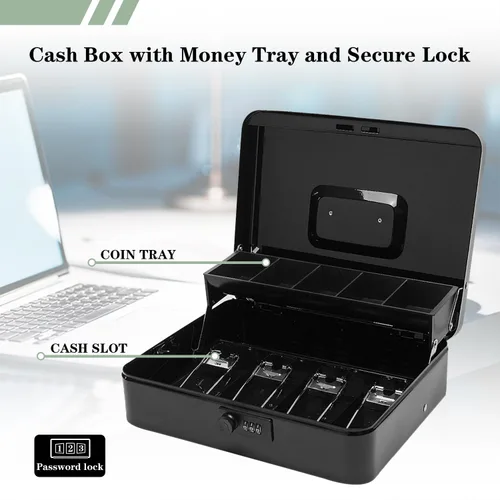 Vista 3 de Caja de efectivo con cerradura de combinación, caja de dinero de metal con bandeja de dinero, caja de bloqueo de efectivo para venta de garaje