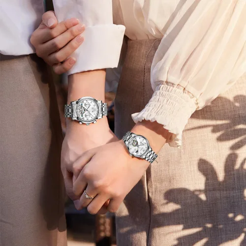 Vista 3 de OLEVS Relojes de pareja para hombres y mujeres, reloj automático para él y ella, tono de remolque, de acero inoxidable, impermeable, luminoso