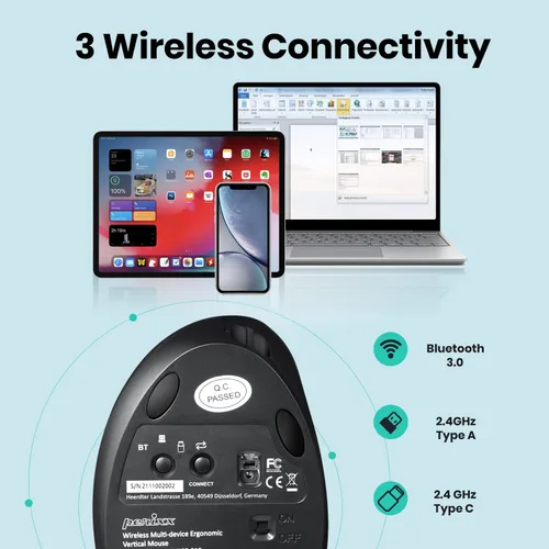 Vista 5 de Perixx PERIMICE-819B - Mouse vertical portátil Bluetooth - Especificaciones inalámbricas 3 en 1 para múltiples dispositivos, clic silencioso