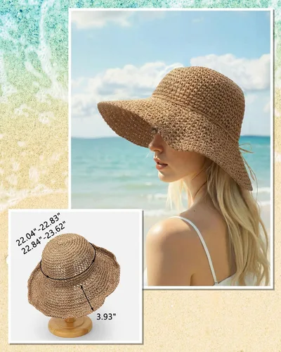 Vista 4 de Sombreros de sol para mujer, sombrero de pescador de paja de ala ancha de Caqui claro