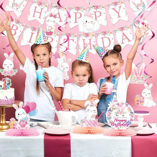 Vista 7 de Kit de decoración de fiesta de cumpleaños de conejo, 26 piezas, suministros de conejo, pancarta, panal, centro de mesa, remolinos colgantes