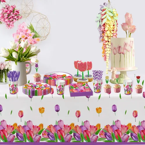 Vista 6 de APOWBLS Vajilla de decoración floral de tulipanes para fiesta, suministros de fiesta de flores de tulipán para cumpleaños, baby shower, plato