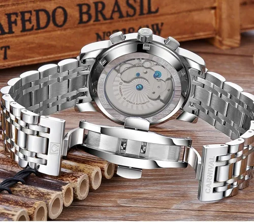 Vista 3 de CARNIVAL Mens tourbillon Automatic Mechanical Watch Silver Stainless Steel Multifunction Blue Watches