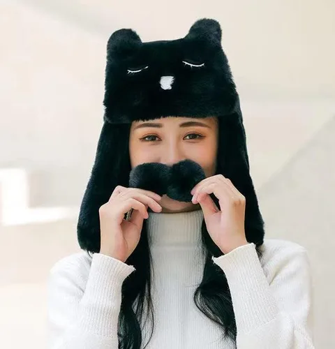 Vista 3 de Sombrero de felpa de diseño de gato para mujer, resistente al viento, cálido, sombrero ruso Ushanka, sombrero de orejera, sombrero de esquí y caza