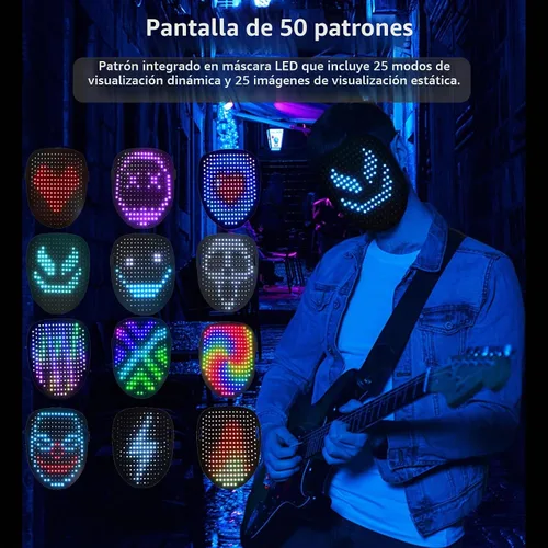 Vista 2 de Máscara LED con detección de gestos, 50 patrones para Halloween