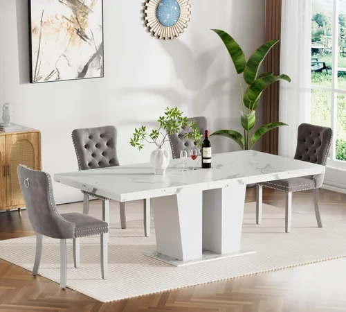 Vista 14 de Juego de mesa de comedor extensible de 5 piezas con 4 sillas de tela, mesa extensible marrón con base negra, juego moderno de comedor de madera