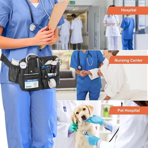 Vista 6 de Damero - Cangurera para enfermera con múltiples compartimentos y soporte para cinta, color negro Nurse Tool Belt Utility Nurse Waist Bag with