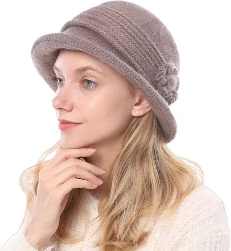 Vista 33 de C-US - Gorro de punto cálido para mujer, con visera de ganchillo con acento de flores