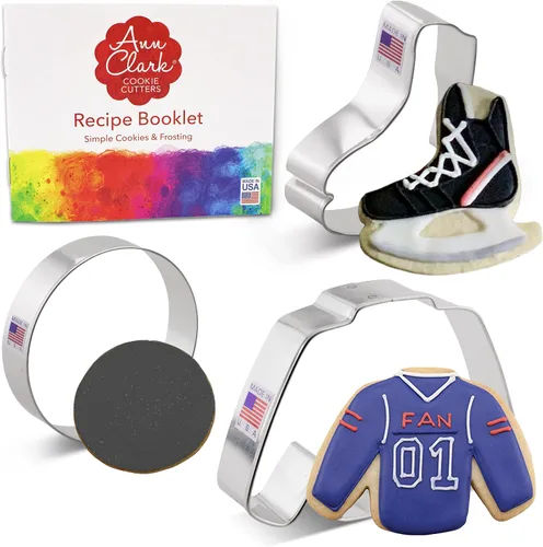 Vista 2 de Ann Clark - Cortadores de galletas para hockey sobre hielo, juego de 3 piezas, fabricado en los Estados Unidos, camiseta, patín sobre hielo, disco