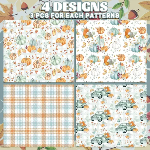 Vista 3 de Whaline 12 hojas de papel de regalo de calabaza de otoño, bohemio, pastel, calabaza, camión, papel de regalo, a cuadros blancos cian, manualidades