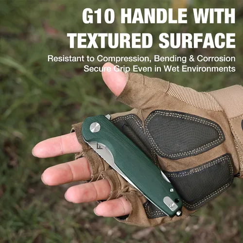 Vista 6 de FLISSA VERSA Cuchillo de bolsillo multiherramienta, hoja D2 de 3.3 pulgadas con mango G10, cuchillo plegable con bloqueo de revestimiento con Verde