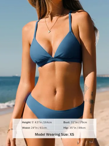 Vista 3 de CUPSHE - Conjunto de bikini de dos piezas para mujer traje de baño con cuello en V, bajo con diseño cruzado, tirantes delgados y atadura trasera