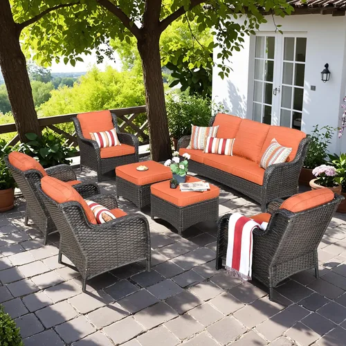 Vista 51 de Juego de muebles de exterior para patio, silla y sofá (ratán marrón, beige, 3 piezas)