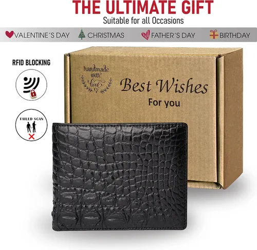 Vista 5 de HATA Cartera plegable de cocodrilo para hombre hecha a mano para vientre o bocina con bloqueo RFID por vietnamita Bifold-Black-Croc Belly Vintage